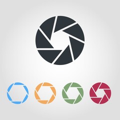 Camera Shutter Icons. Optical lenses, shutter aperture pictogram. Collection of camera lens aperture with diaphragm petals. Outline vector illustration