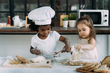 Diverse group of African American and Caucasian girls prepare the dough and bake cookies in the...