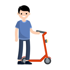 Young man with scooter. Active lifestyle. Modern Hobbies and sports. Urban transport. Guy in green summer clothes. Cartoon flat illustration