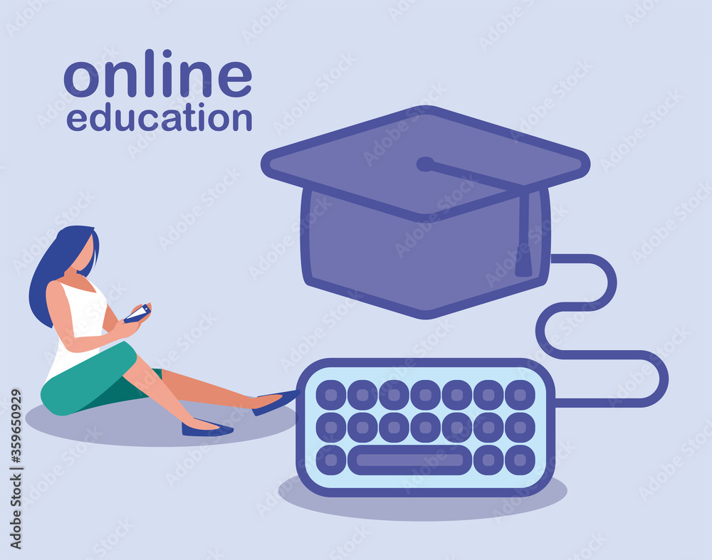 Canvas Prints woman with computer keyboard with graduation hat, online education