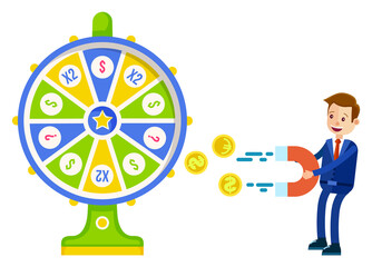 Lucky player attracting money from fortune wheel, smiling man holding magnet. Roulette game machine with currency icons, coins dollar and euro vector