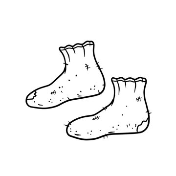 Set of old socks. Warm clothing for feet. Black and white hand drawn cartoon illustration