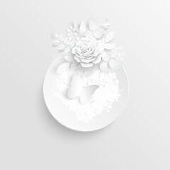 White rose. Round frame with abstract cut flowers. Vector illustration.