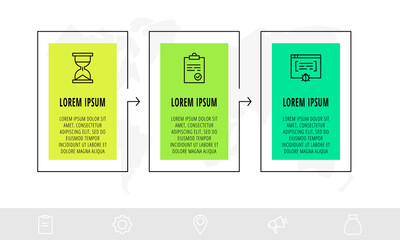 Timeline creative design linear infographics template. Business vector illustration with 3 options, arrows. Can be used for diagrams, presentations, workflow layout, flow chart