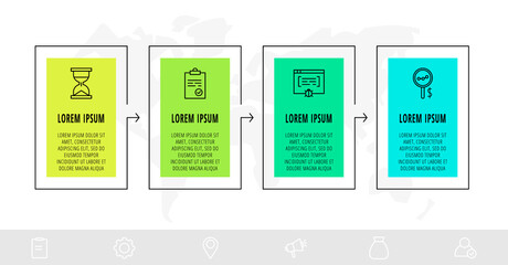 Timeline creative design linear infographics template. Business vector illustration with 4 options, arrows. Can be used for process diagram, presentations, info graph, banner, flowchart, presentation