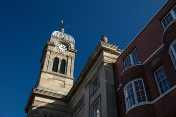 Derby, Derbyshire, UK: October 2018: Clocktower of Derby Guildhall and Theatre