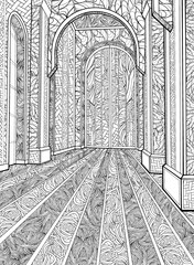 Interior, large hall or room in palace or castle, with high powerful columns and wide round arches, big stained glass windows, striped floor, all in patterns and small details, inside view, line art.