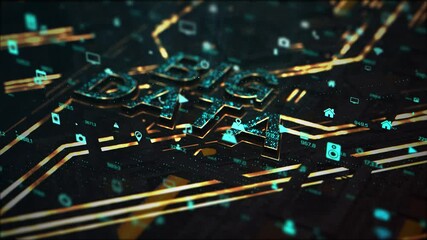 3D Render animation of big data intelligence in CPU chipset. Central processor unit and electric print circuit board with data traffic light on dark and grain processed - Powered by Adobe