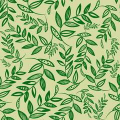 Simple doodle green branch with leaves on beige background. Seamless pattern with outline leaves. Linen print, wedding, packaging, wallpaper, textile, fabric, postcard design
