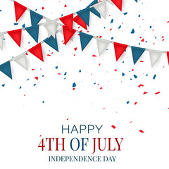 July 4th banner background. United States of America national flag colors red, blue, and white bunting. USA independence day celebration. Realistic vector illustration.
