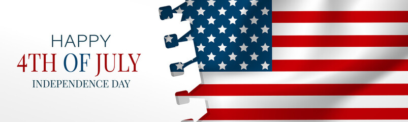 July 4th banner or header background. United States of America national flag. USA independence day celebration. Realistic vector illustration.