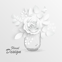 Paper flower. White roses cut from paper. Vector illustration.