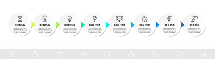 Infographic circles with 8 steps, arrows. Line vector template. Can be used for diagram, banner, workflow layout, presentations, flow chart, info graph, timeline, content, levels