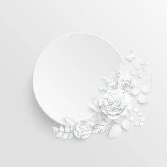 White rose. Round frame with abstract cut flowers. Vector illustration.