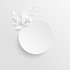 White rose. Round frame with abstract cut flowers. Vector illustration.