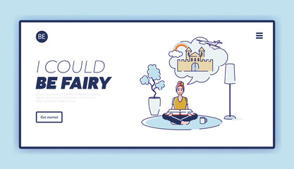 Landing page with woman dreaming while reading and imagining fairytale castle