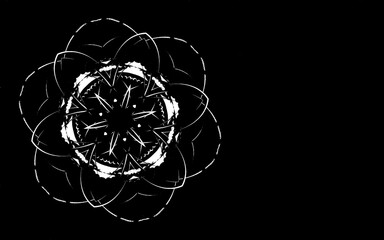 Black and white mandala with space for text, copy. Oriental illustration. Geometric shapes kaleidoscope. Simple, minimalistic symbol on black background. Yoga, meditation, tantra banner template