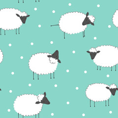 Seamless vector pattern with sheeps on a blue background.