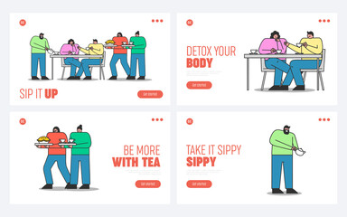 Set of landing pages with people drinking tea. Young friends meeting on tea or coffee