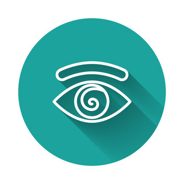 recommend clip art: White line Hypnosis icon isolated with long shadow. Human eye with spiral hypnotic iris. Green circle button. Vector.