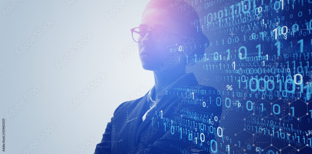 Poster digital transformation, binary code, data, programming, network, woman, ai, artificial intelligence,
