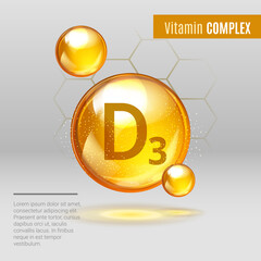 Vitamin D3 shining pill capsule icon . holecalciferol vitamin with Chemical formula. Shining golden substance drop. Meds ads. Beauty treatment nutrition skin care design. Vector illustration.