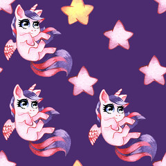 seamless background, cute baby unicorns and ponies. Repetitive Wallpaper on a dark blue background. Perfect for fabric, Wallpaper, baby room decor.