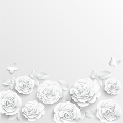 Paper flower. White roses cut from paper. Vector illustration.