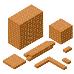 Red brick wall. Elements of the fence of different lengths. Construction of the building. Material for home repair. Floor platform and stone border.