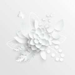 Paper flower. White lotus cut from paper. Vector illustration.