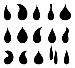 Drop water icon. Black droplet. Symbol of oil, rain, liquid. Shape of tear. Simple graphic element of aqua, blood, milk. Logo of raindrop isolated on white background. Design for nature fluid. Vector