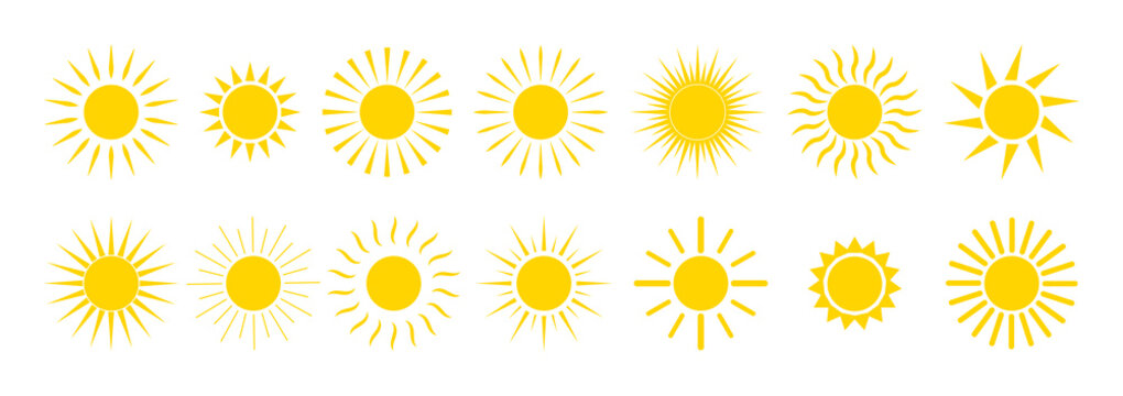 Sun icons. Yellow summer sunrise and sunset. Cartoon graphic sunshine symbol. Sunny morning with sunlights. Set of orange circles with bright rays. Heat weather. Logo of nature energy. Vector