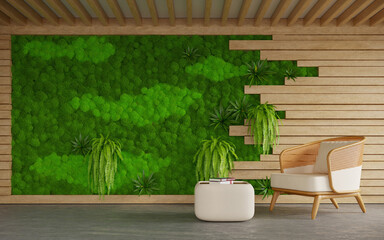 The interior of living room with rattan chair and scandinavian moss wall, 3d rendering