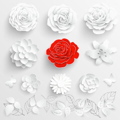 Paper flower. White roses cut from paper. Set.