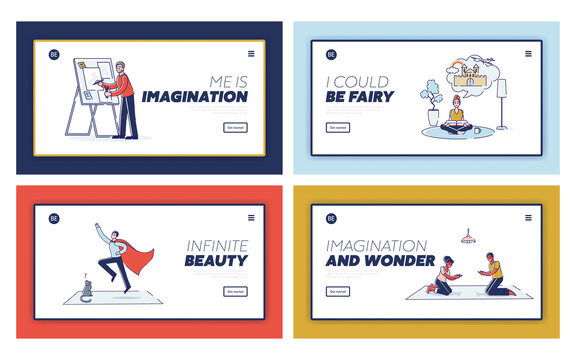 Set of landing pages with creative people for miracles and imagination concept