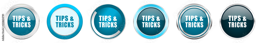 Leinwandbilder Tips tricks silver metallic chrome border icons in 6 options, set of web blue round buttons isolated on white background