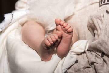 cute and little legs of a newborn baby on a light background
