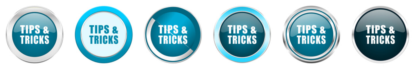 Tips tricks silver metallic chrome border icons in 6 options, set of web blue round buttons isolated on white background