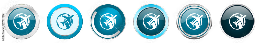 Aufkleber travel silver metallic chrome border icons in 6 options, set of web blue round buttons isolated on w