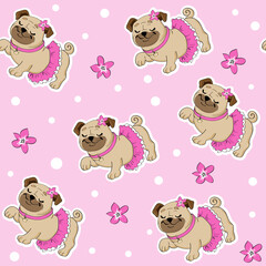 Obraz premium Beautiful pug dog in a pink skirt on a pink background seamless pattern