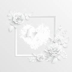 White rose. Square frame with abstract cut flowers. Vector illustration.
