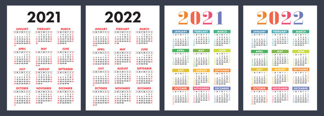 Calendar 2021 and 2022. English color vector set. Vertical wall or pocket calender template. Design collection. New year. Week starts on Sunday