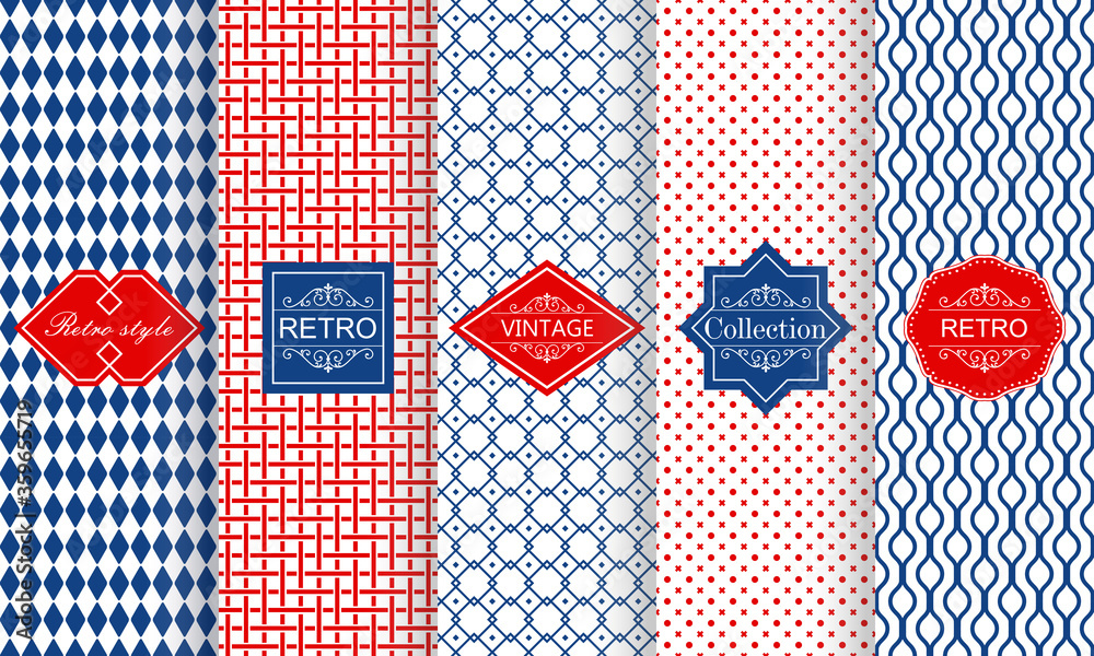 Poster Set of seamless geometric patterns in blue and red  with trendy modern colorful labels. Shabby chic. Vector geometric seamless textures with zig zag lines, stripes.
