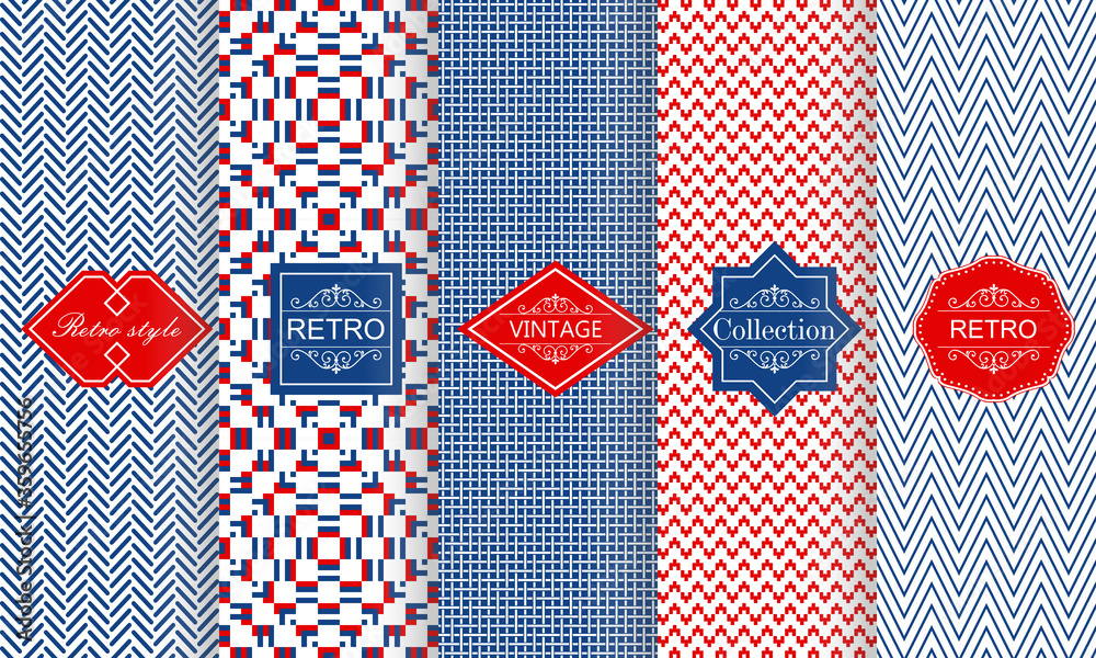 Poster set of seamless geometric patterns in blue and red with trendy modern colorful labels. shabby chic. 