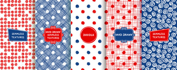 Set of seamless hand drawn polka dot patterns for backgrounds, business cards, web design. Doodle pattern with trendy modern labels on bright background. vector illustration