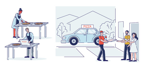 Pizza delivery process. Slicing, packaging and delivering to clients. Set of pizza restaurant workers
