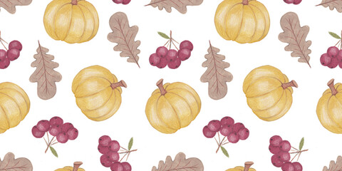 Hand draw autumn seamless pattern with pumpkin berries leaves isolated on white background in vintage style for fabrics, paper, invitations, greeting cards, business card