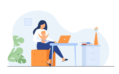 New mom working at home. Working mother holding baby in arms, using computer at her workplace. Can be used for freelance worker with kid, maternity, motherhood, online job concept