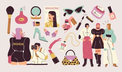 A set of illustrations about fashion shows, photo shoots, fashion designers and models. Top Models Wearing Trendy Haute Couture Clothing Demonstrating It on Runway