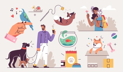 Set of People and their pets illustrations. Men and women having fun, training and playing with their pets. Vector